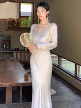 BXOXO party look inspos Autumn Satin Mermaid Long Dresses for Women Wedding Evening Party Dress Prom Robe Solid V-neck Long Sleeves One Piece Vestidos